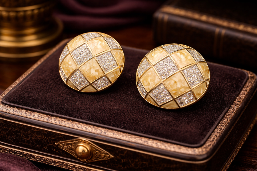 1970s–1980s Swarovski SAL Crystal Clip Earrings Gold Tone Enamel Checkerboard Dome Signed