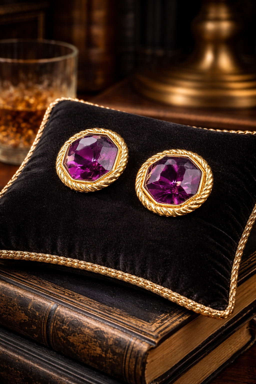 Swarovski Gold Tone Magenta Crystal Button Earrings Faceted Round Rhinestone Designer Vintage Jewelry