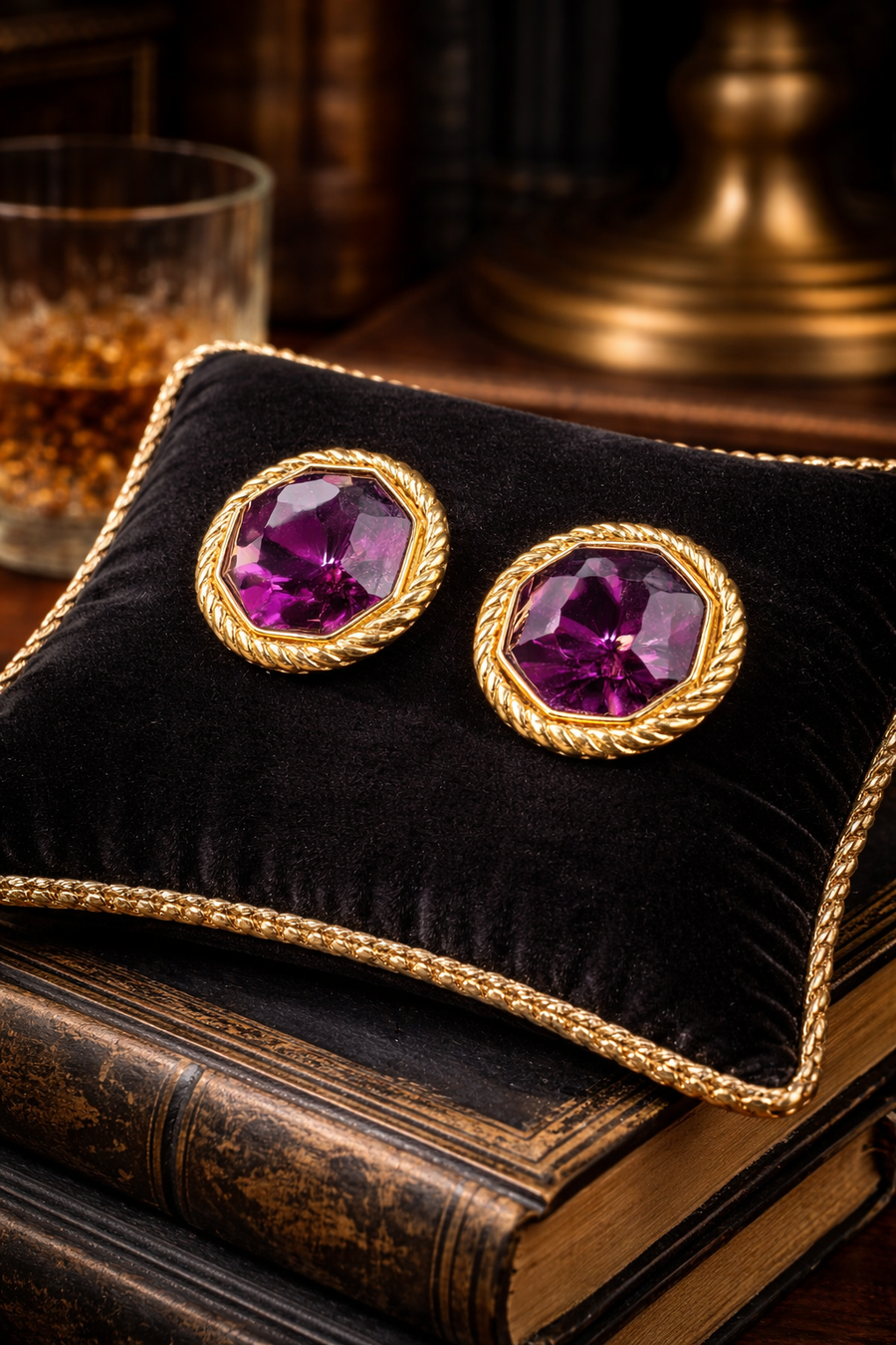 Gold-tone button earrings with faceted magenta crystals in rope-edge bezels