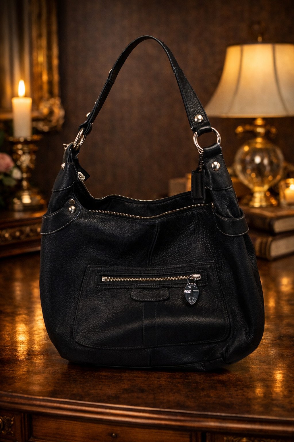 Coach Penelope Black Pebbled Leather Hobo Shoulder Bag | Authentic Classic Zip Pocket Designer Purse