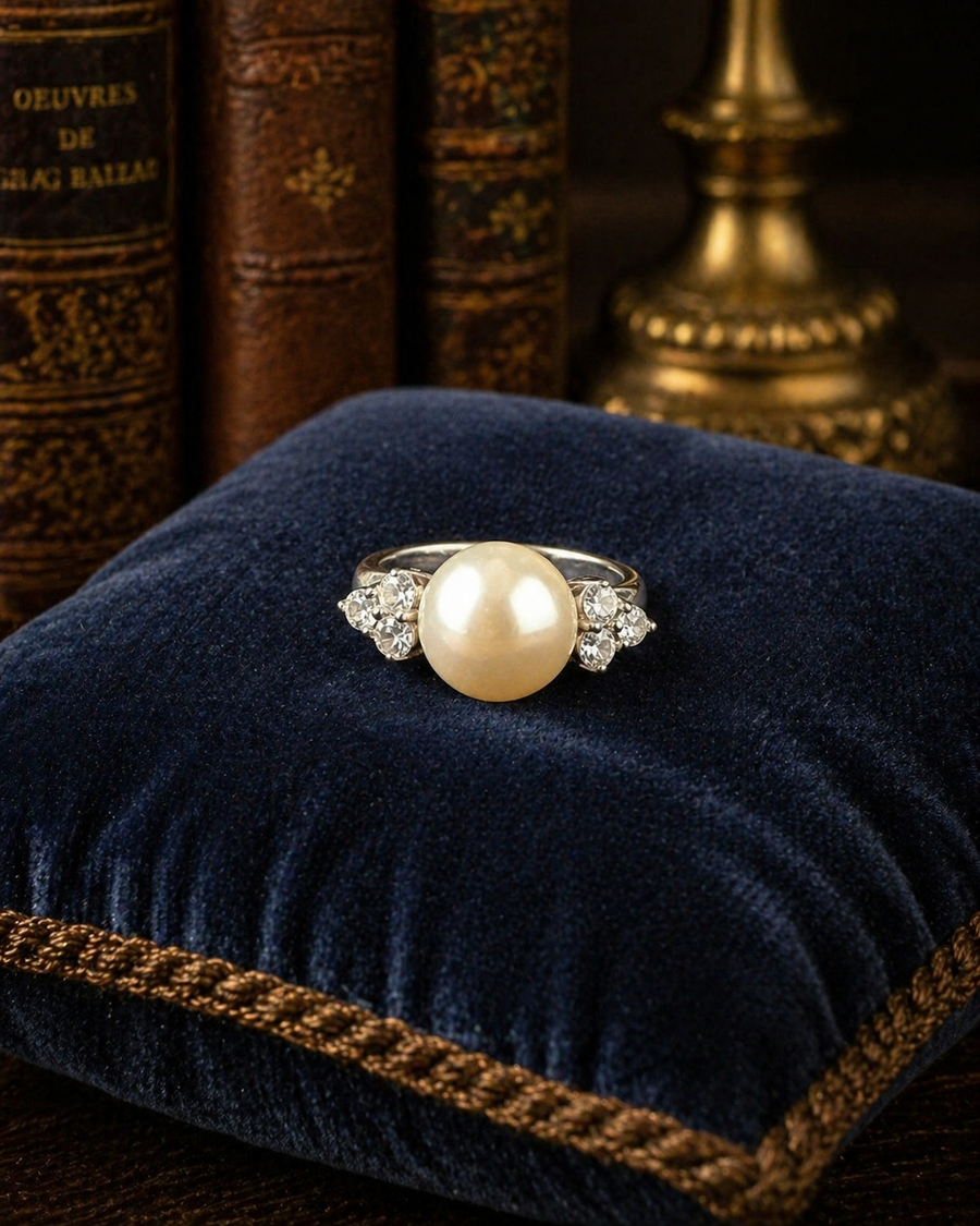 Silver-tone ring with ivory faux pearl center and clear crystal side accents
