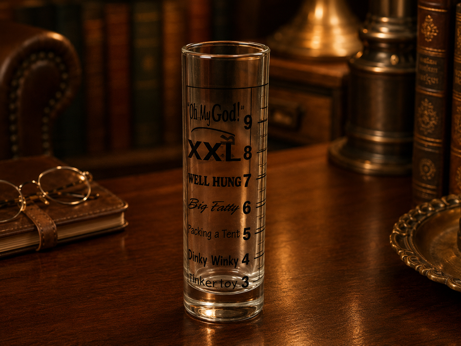 Tall clear novelty shot glass with black Original Pecker Checker printed graphic