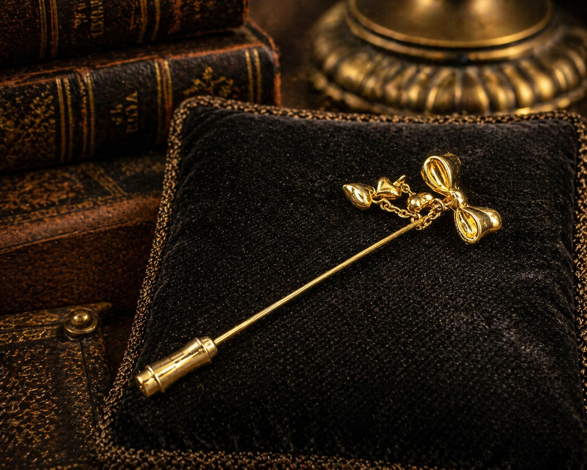 Gold-tone bow stick pin with small dangling accents and matching end cap