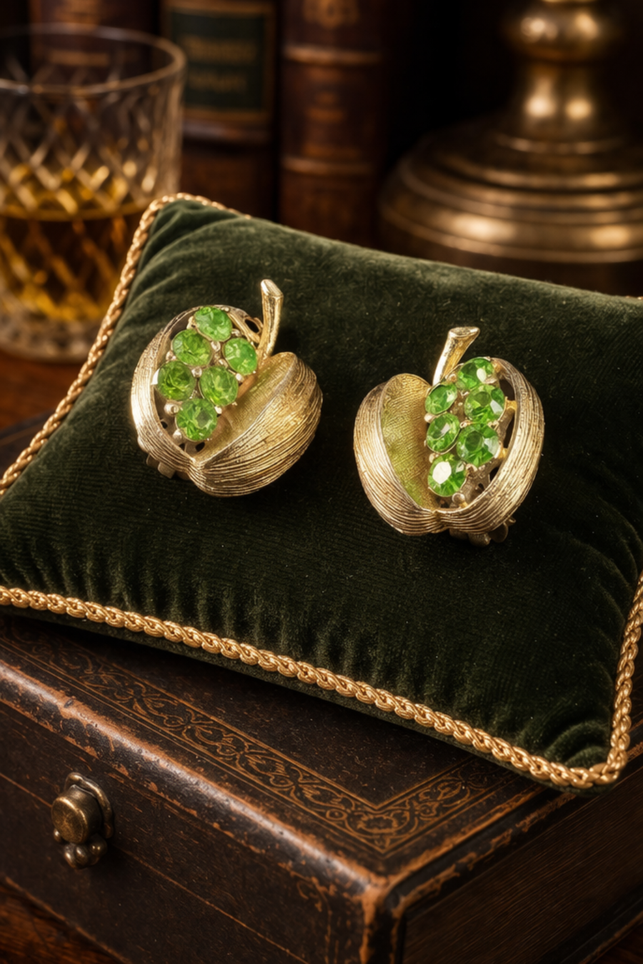 Gold-tone textured basket clip earrings filled with green faceted crystals