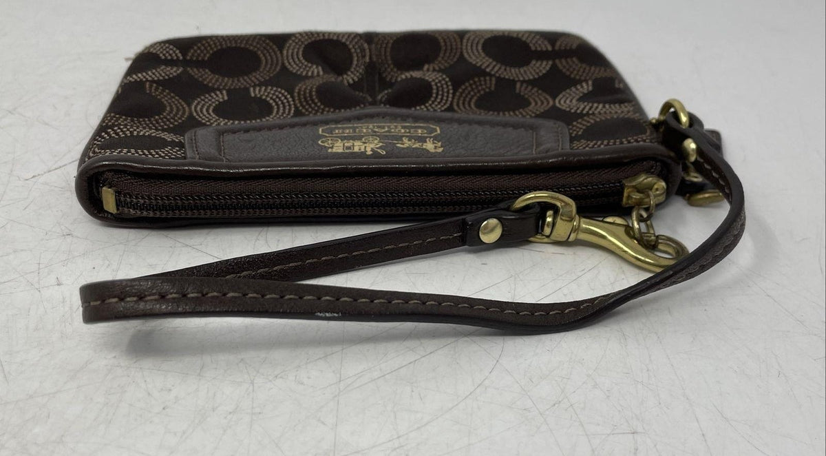 Coach brown op art signature dots zip top wristlet wallet with front logo plaque, view 3