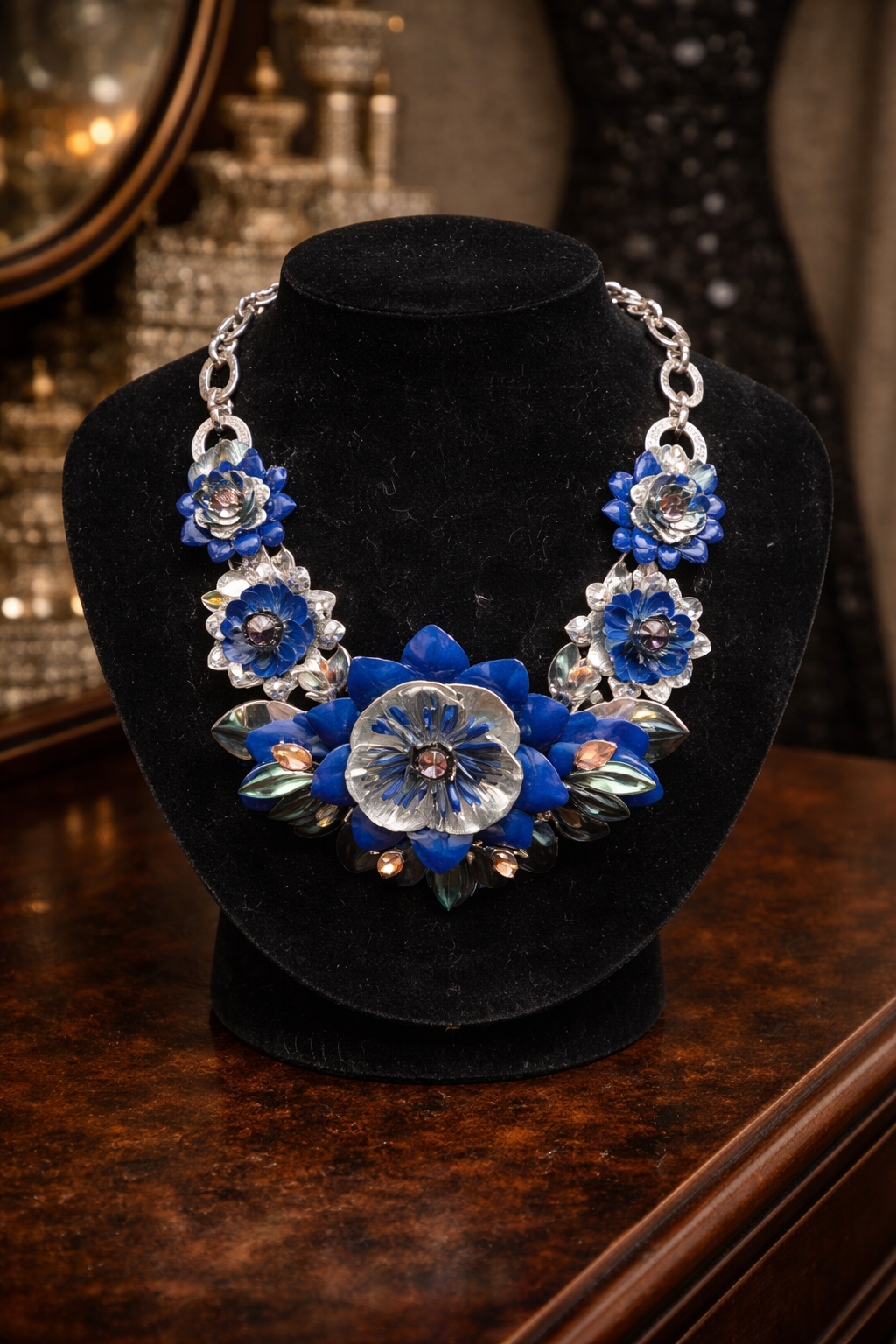 Vintage Style Silver Tone Blue Floral Statement Necklace with Layered Acrylic Petals and Rhinestone Centers, Adjustable Chain, Curated Estate Glam