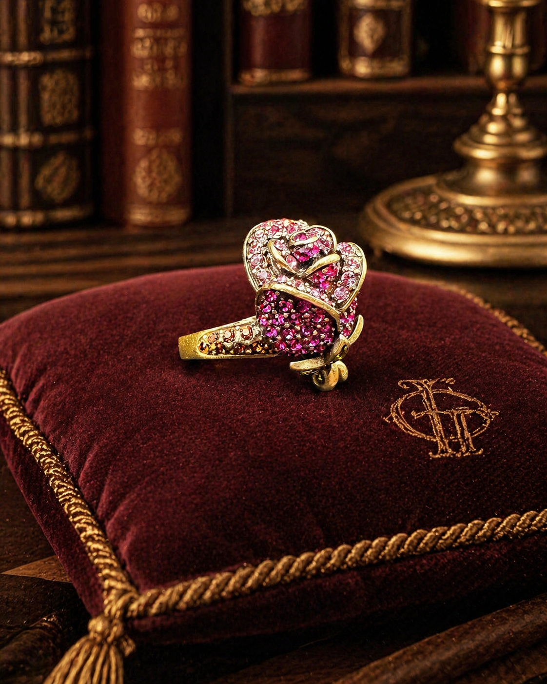 Heidi Daus Pink Crystal Rose Statement Ring Gold Tone Floral Cocktail Designer Jewelry