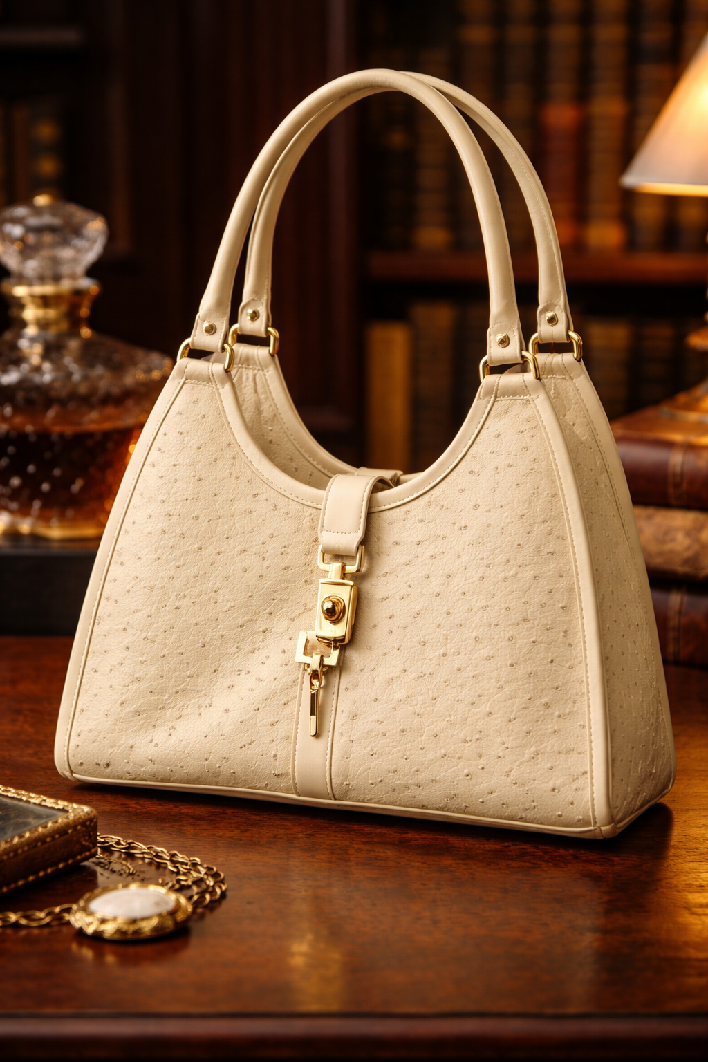 (SOLD) Vintage Cream Ostrich Embossed Top Handle Shoulder Bag Elegant Classic Neutral Handbag