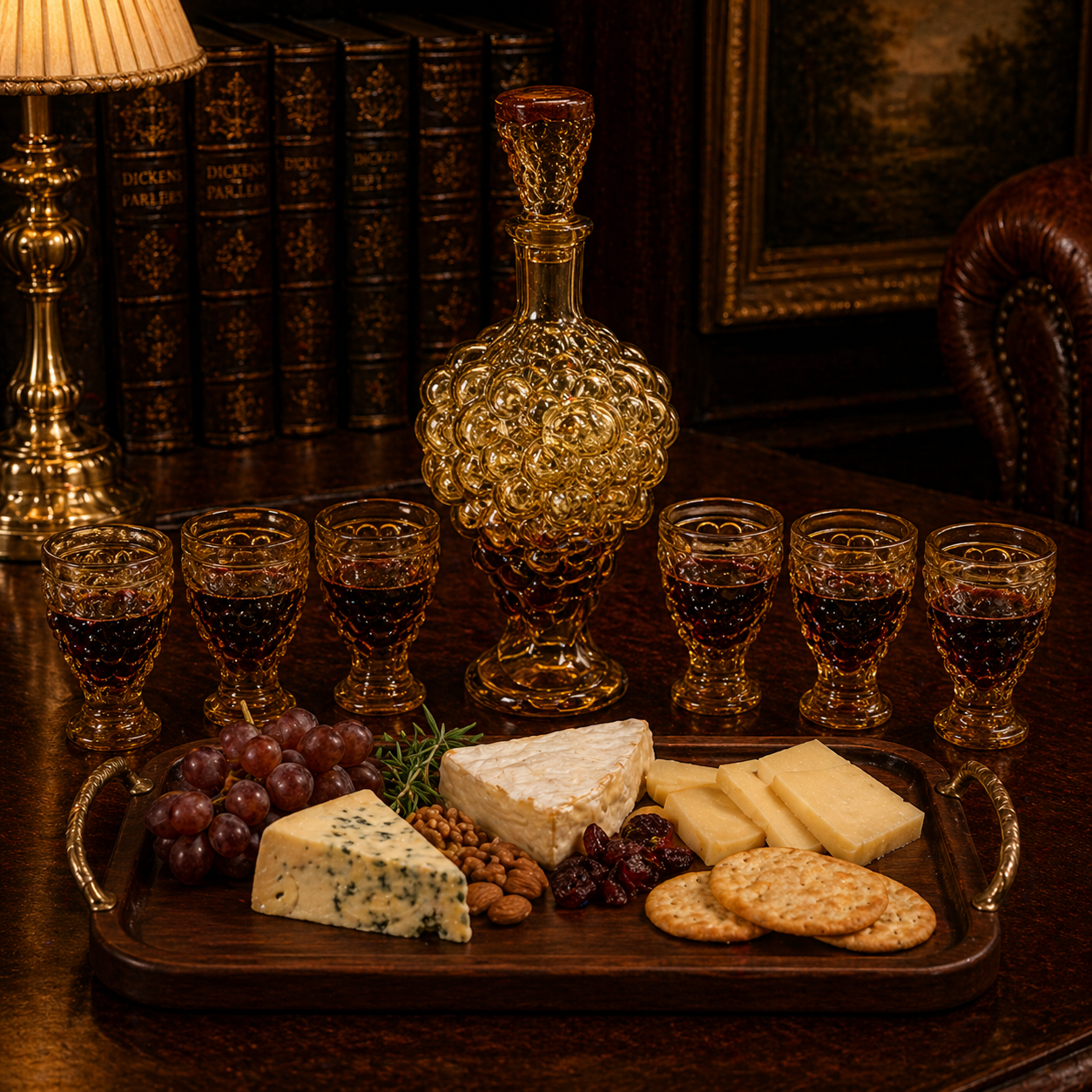 Vintage Amber Glass Decanter Set with 6 Cordial Glasses