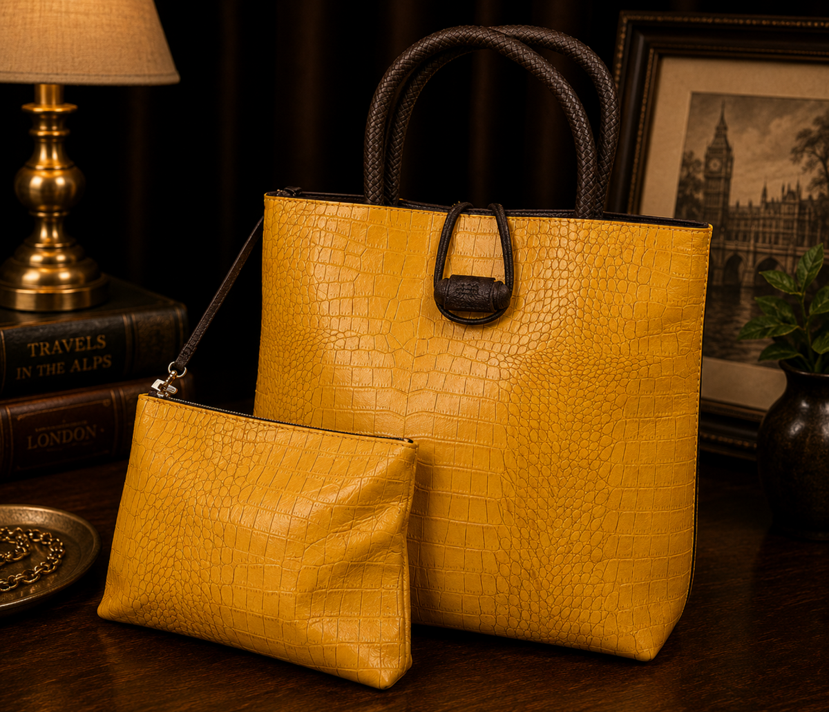 Mustard yellow croc embossed tote with dark handles and matching pouch
