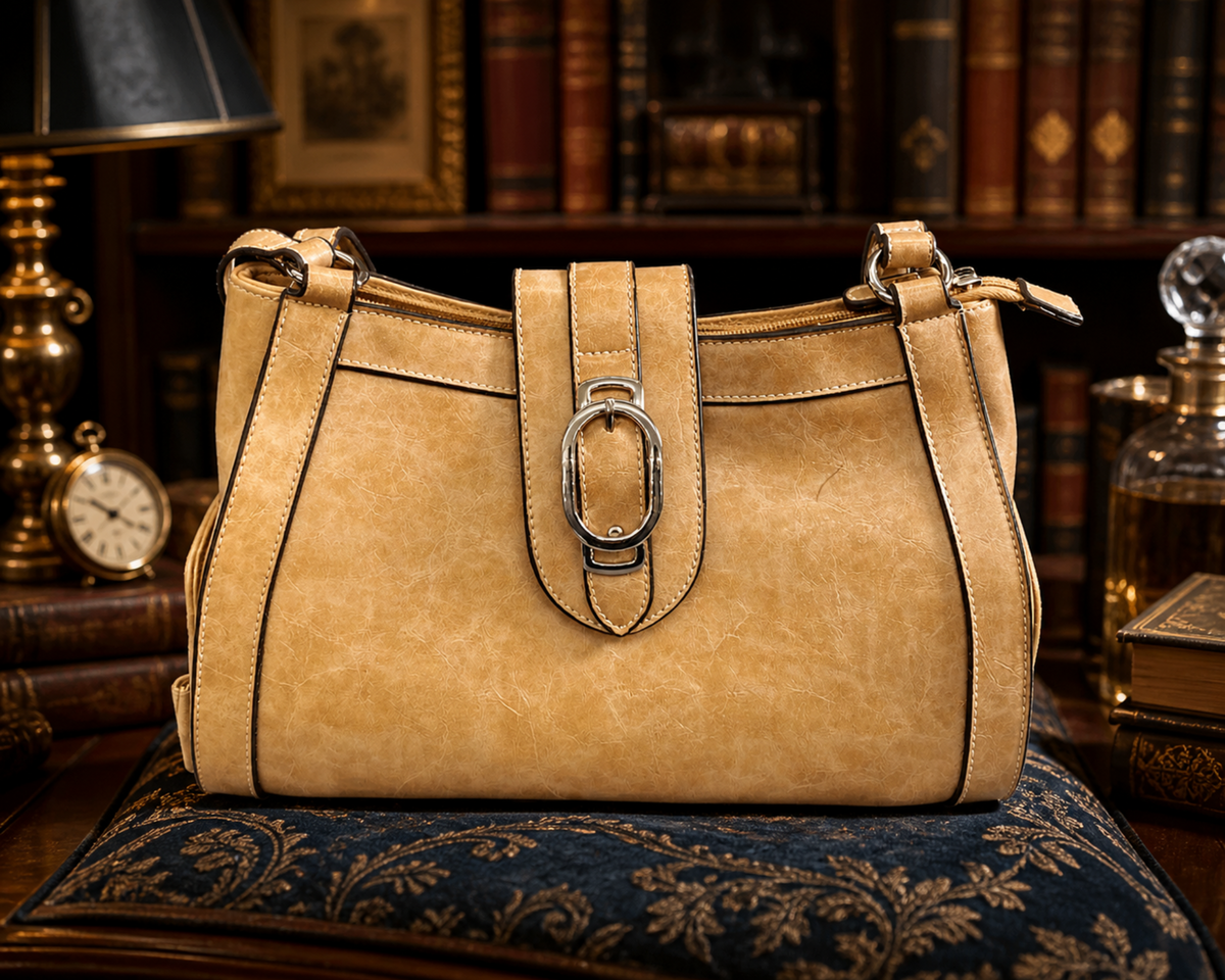 Beige shoulder bag with front buckle and side compartments holding mini pouches