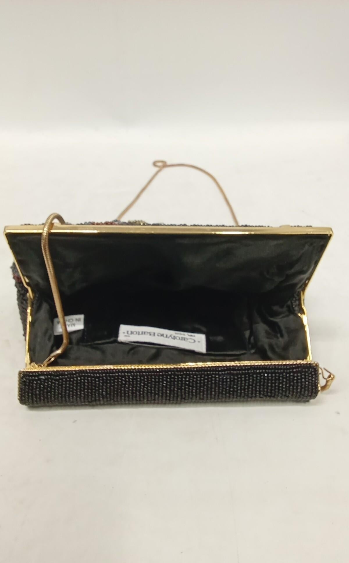 Floral beaded evening bag in jewel tones with black beaded trim, gold-tone frame and chain strap, view 3