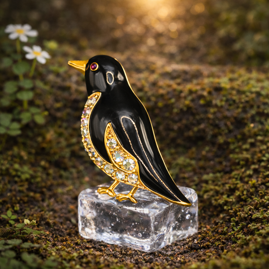 Black Enamel Penguin Brooch With Gold Tone Trim And Rhinestone Wing
