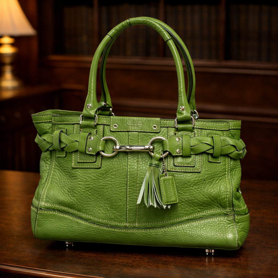 Coach Hampton green pebbled leather tote with braided trim