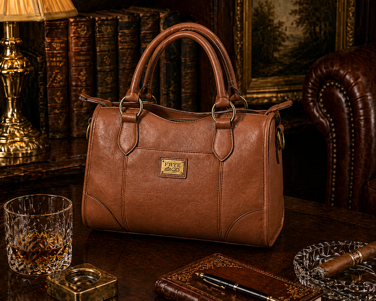 Brown faux leather structured satchel with dual top handles