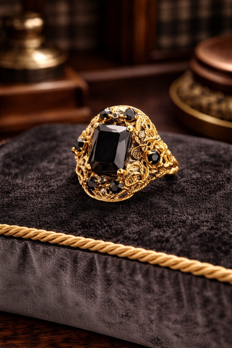 1960s–1980s Signed Gold Tone Black Czech Slovakia Glass Filigree Size 7 Ring