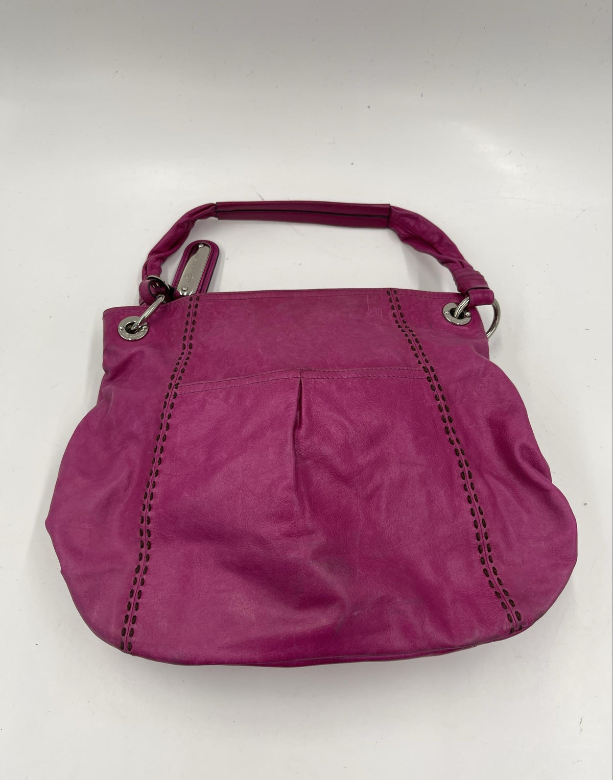 Bright pink leather slouchy hobo shoulder bag with silver-tone hardware and leopard lining, view 3