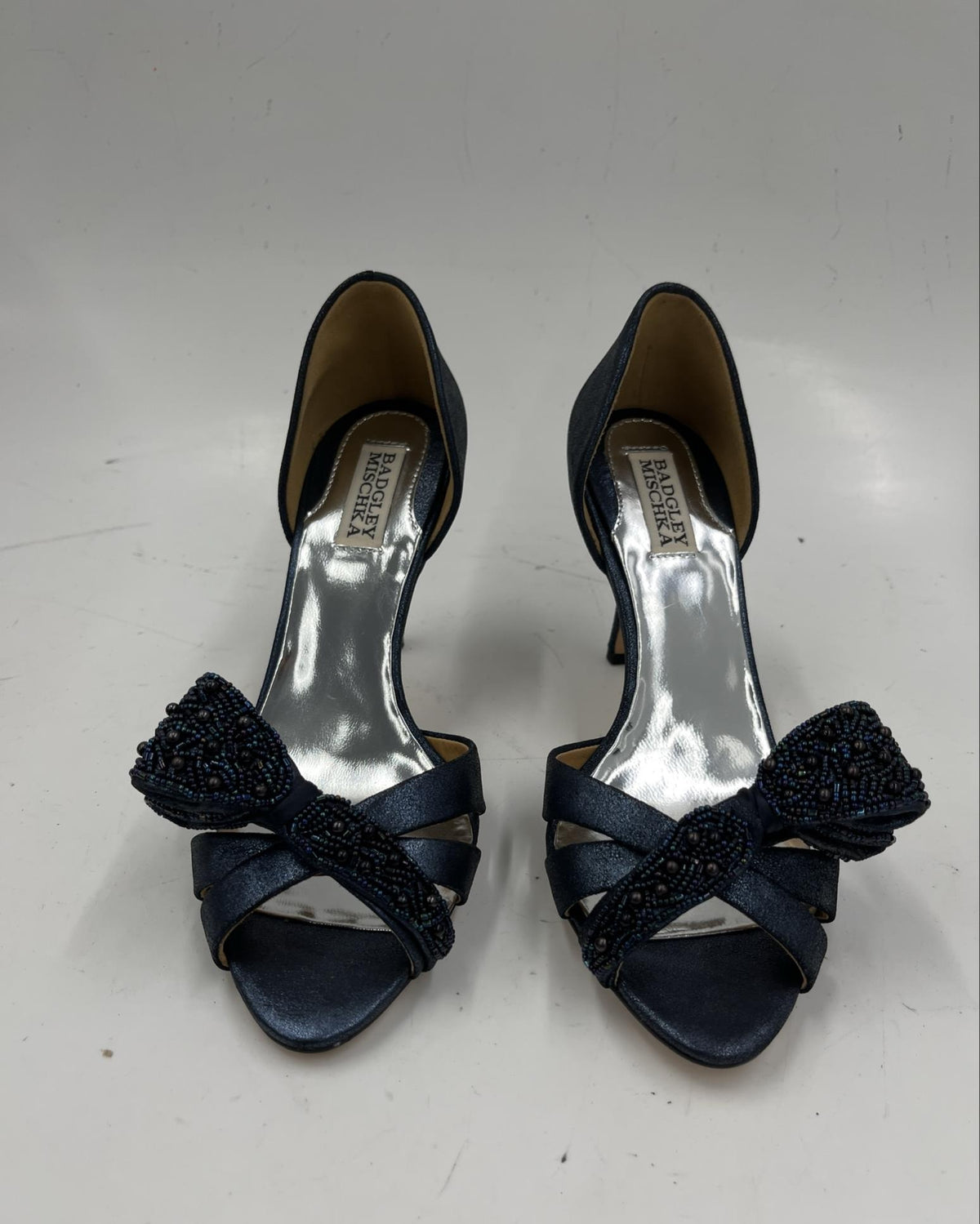 Badgley Mischka dark blue open-toe heels with beaded bow at the toe, view 3