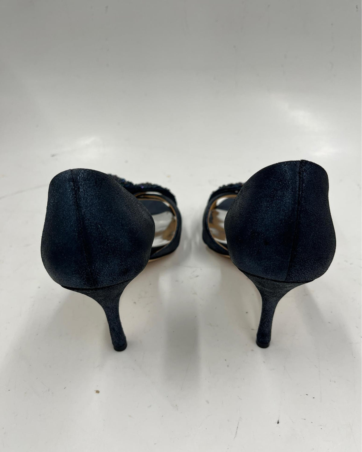 Badgley Mischka dark blue open-toe heels with beaded bow at the toe, view 6