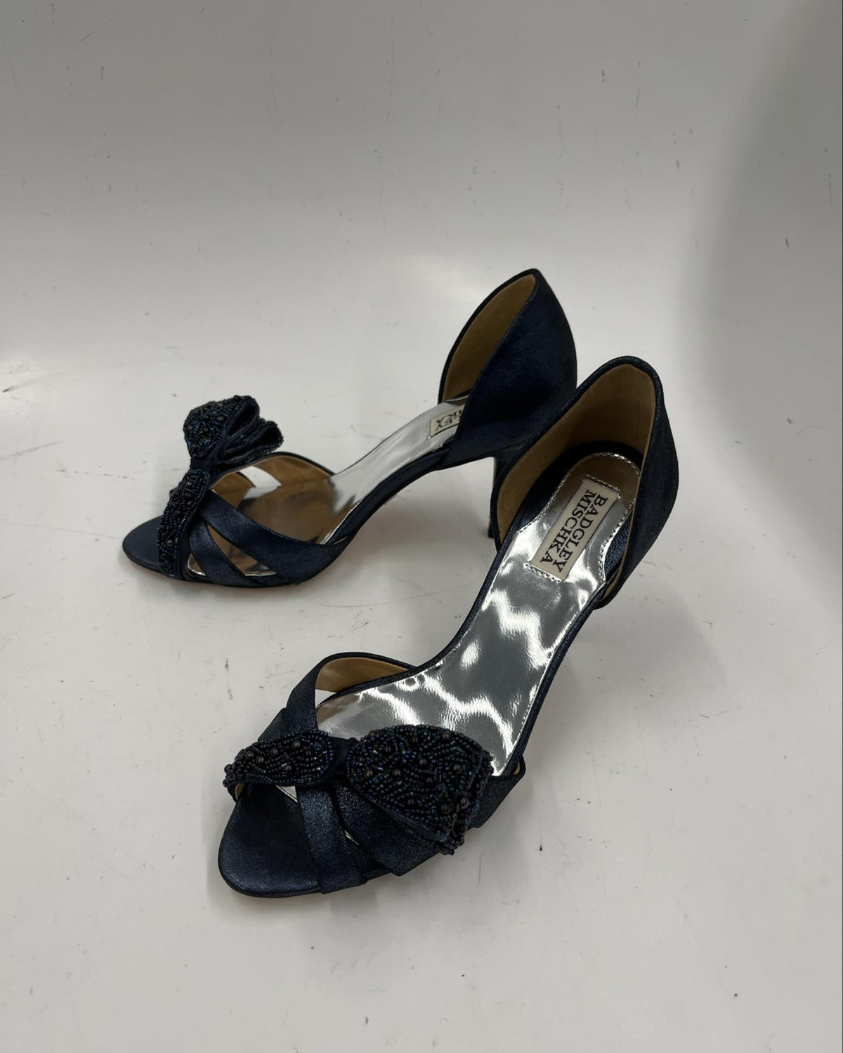 Badgley Mischka dark blue open-toe heels with beaded bow at the toe, view 7