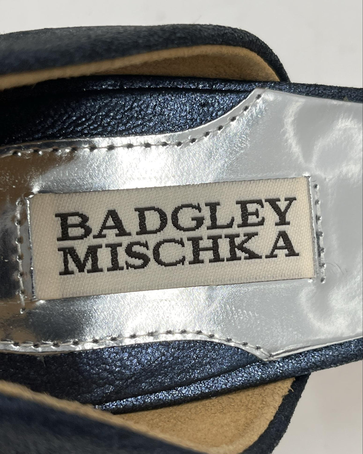 Badgley Mischka dark blue open-toe heels with beaded bow at the toe, view 8