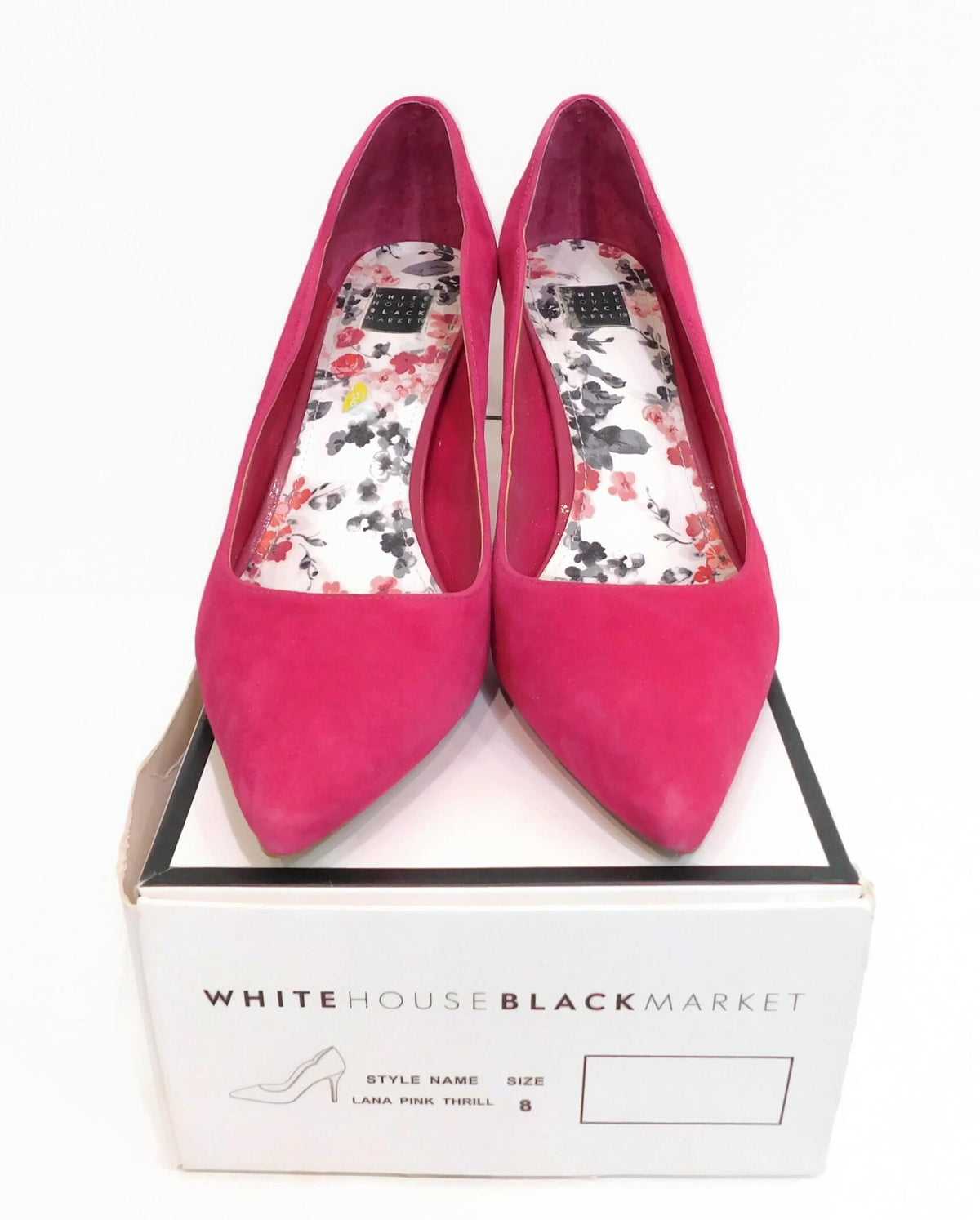 White House Black Market bright pink scalloped pointed-toe pumps with floral insoles, view 2