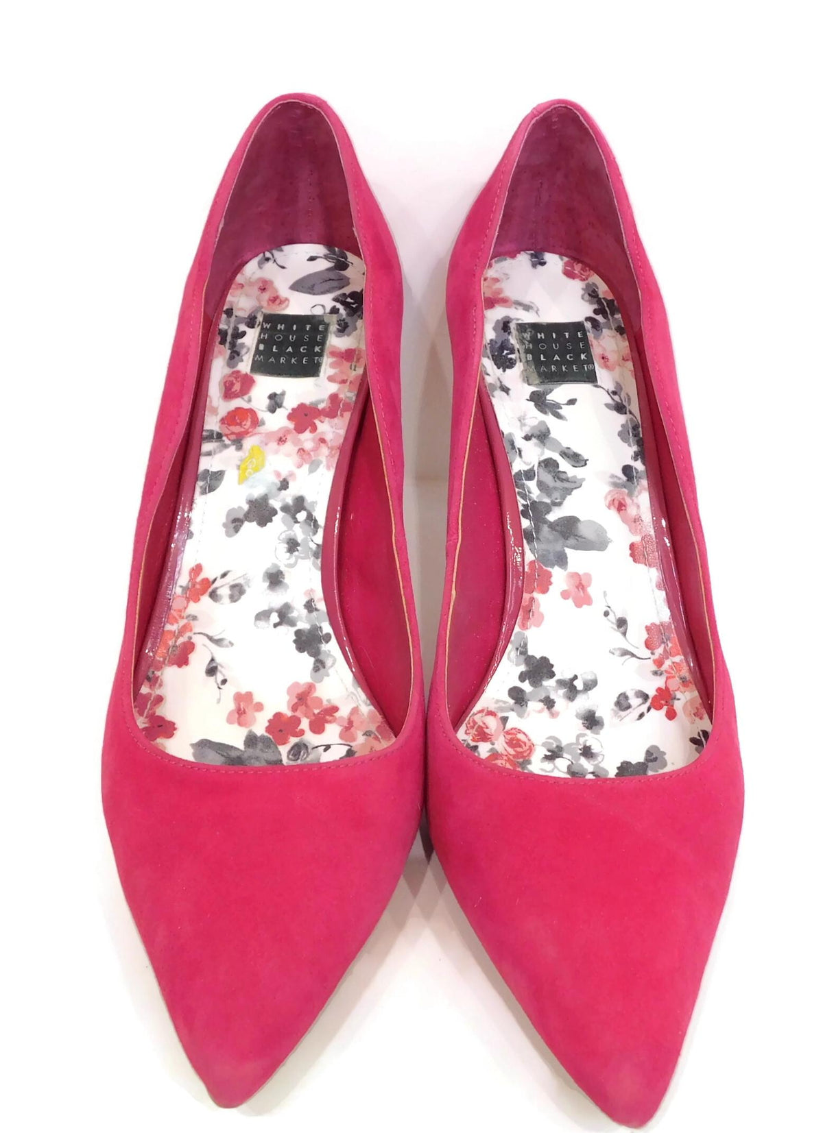 White House Black Market bright pink scalloped pointed-toe pumps with floral insoles, view 3