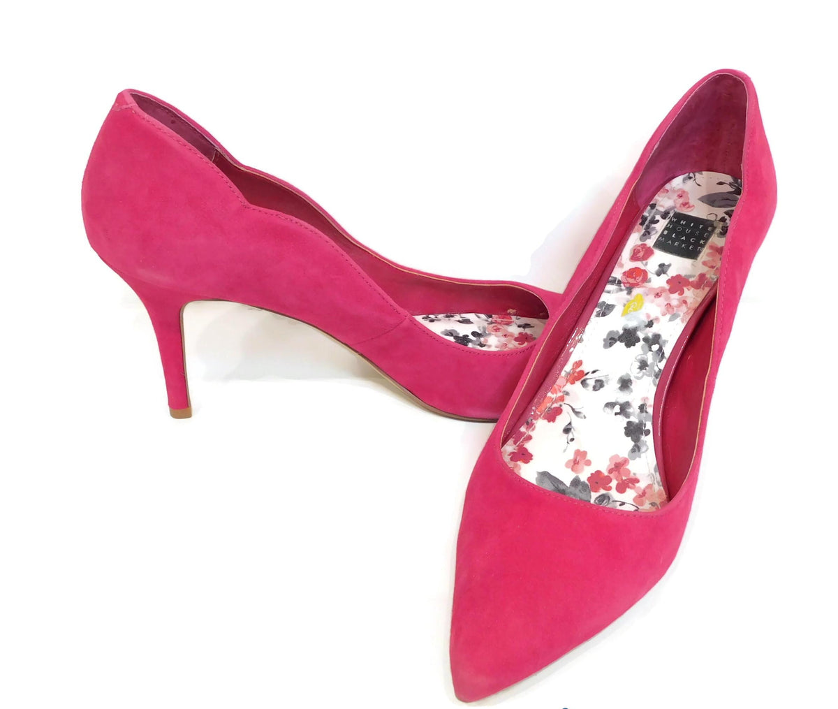 White House Black Market bright pink scalloped pointed-toe pumps with floral insoles, view 5