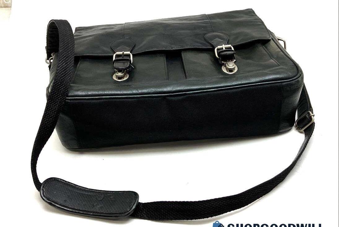 Black leather messenger bag with front buckle straps, top handle and adjustable shoulder strap, view 4