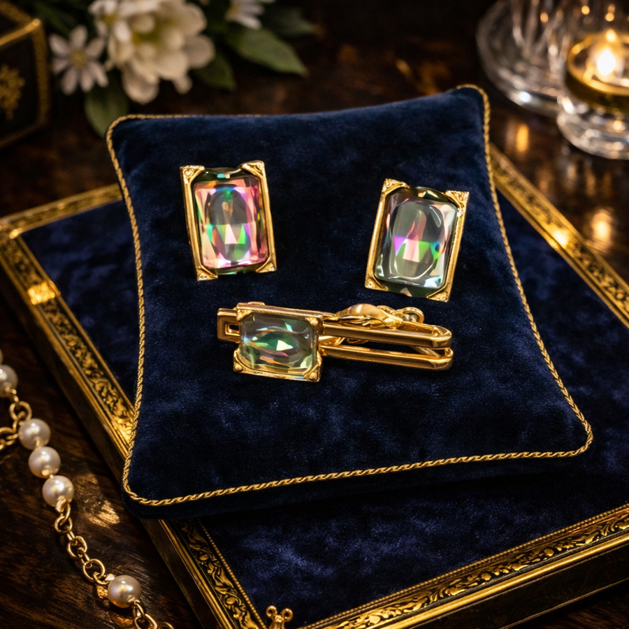 Signed Swank gold-tone cufflinks and tie clip with rectangular iridescent stones
