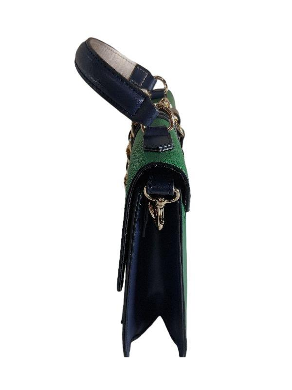 Green and black structured top handle bag with gold-tone front accent, view 3