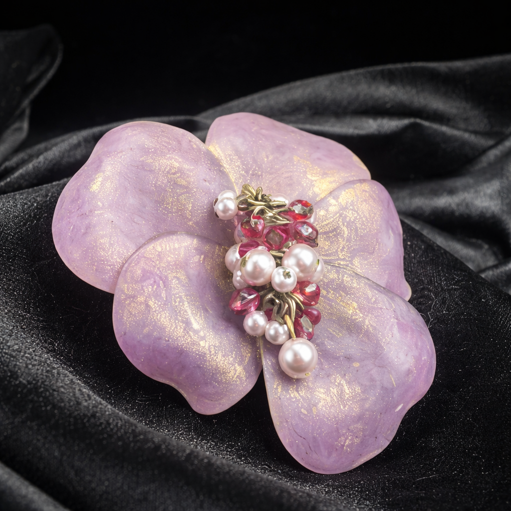 Purple Lucite Flower Brooch with Pearl and Pink Crystal Cluster Center