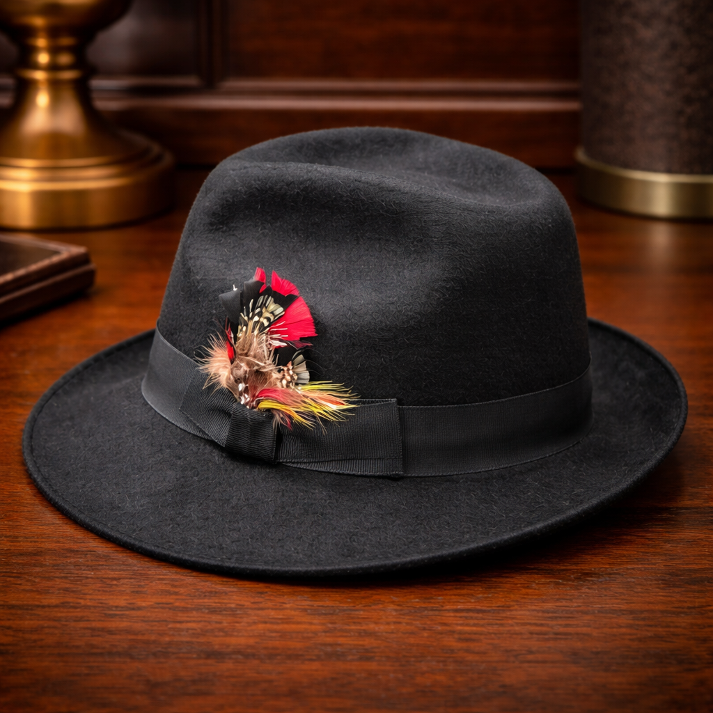 Adolfo II black felt fedora style hat with feather accent