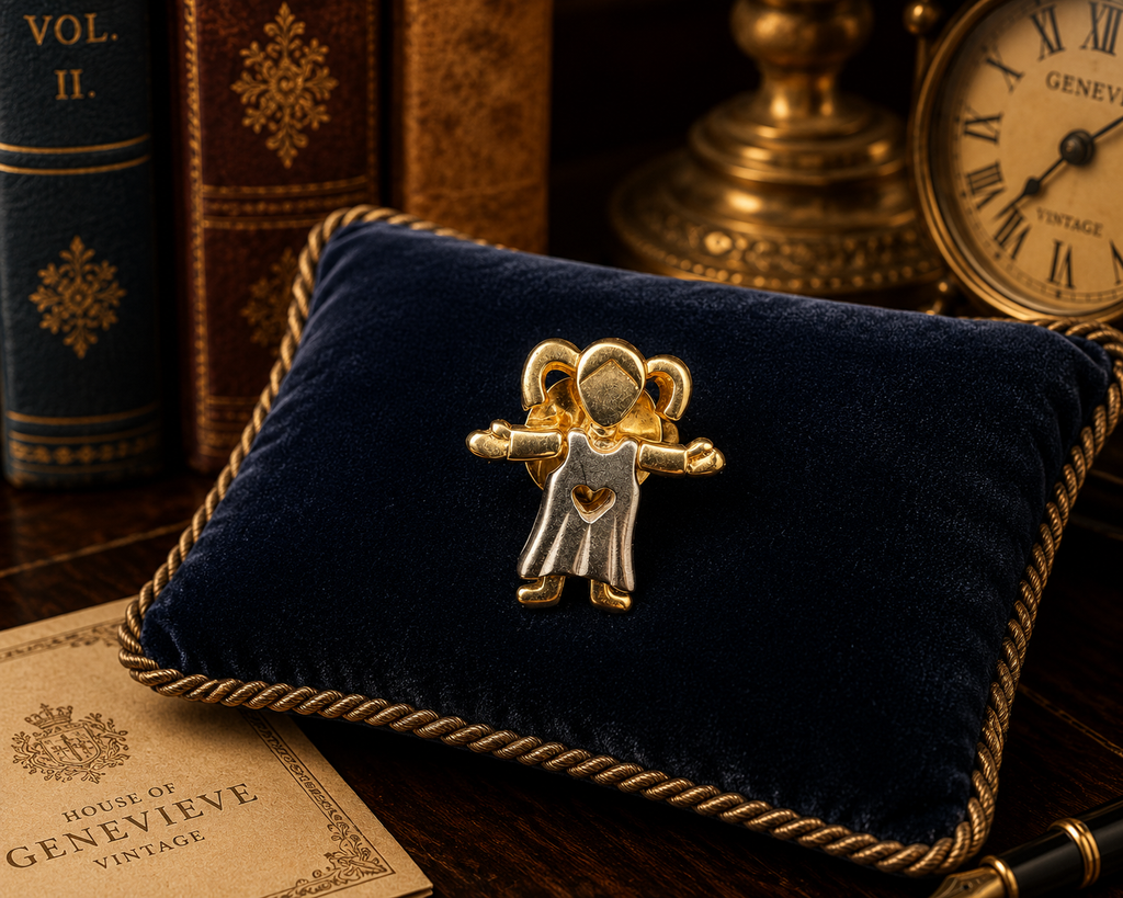 Vintage Two Tone Child Brooch with Heart Cutout Dress