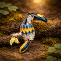 (SOLD) Gold tone enamel toucan brooch colorful tropical bird on branch pin
