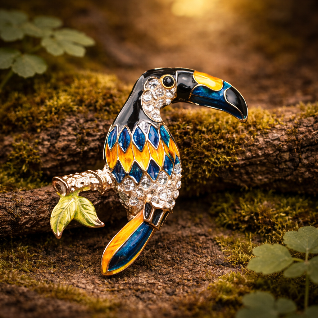(SOLD) Gold tone enamel toucan brooch colorful tropical bird on branch pin