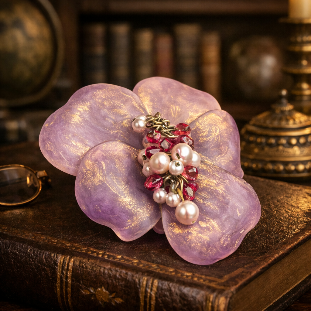 Purple Lucite Flower Brooch with Pearl and Pink Crystal Cluster Center