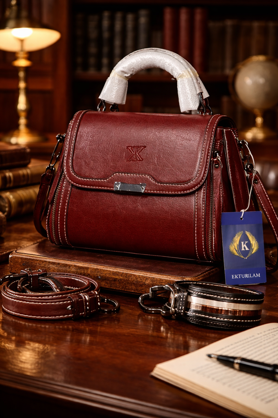 Deep red leather structured satchel with contrast stitching, top handles and crossbody strap