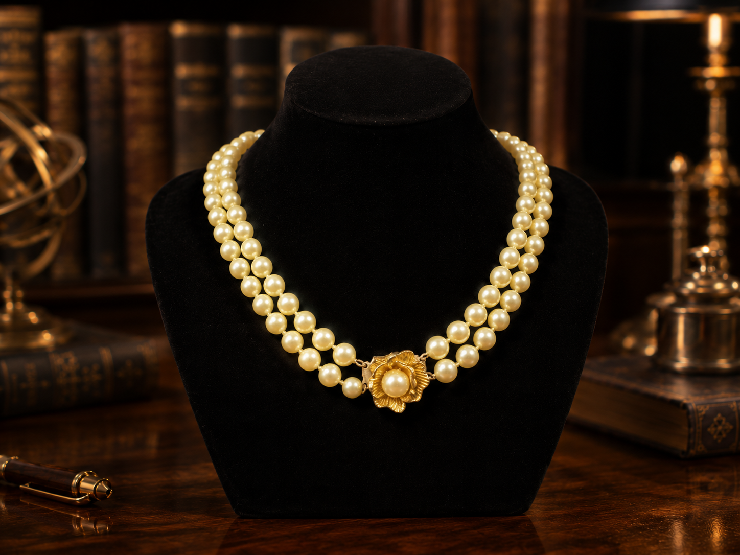 Vintage Triple Strand Pearl Style Necklace with Gold Floral Centerpiece