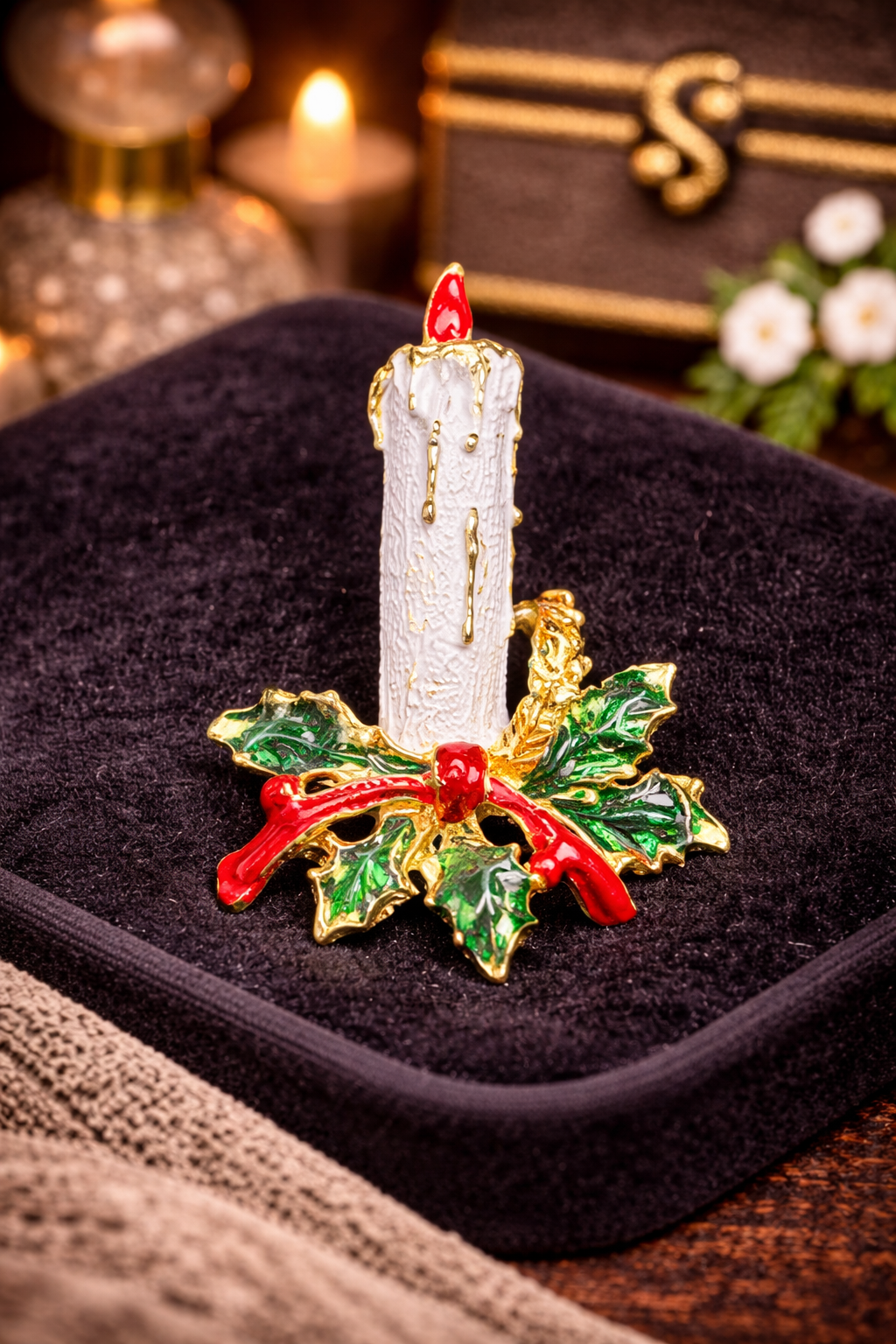 White enamel Christmas candle brooch with red flame, green holly and red bow