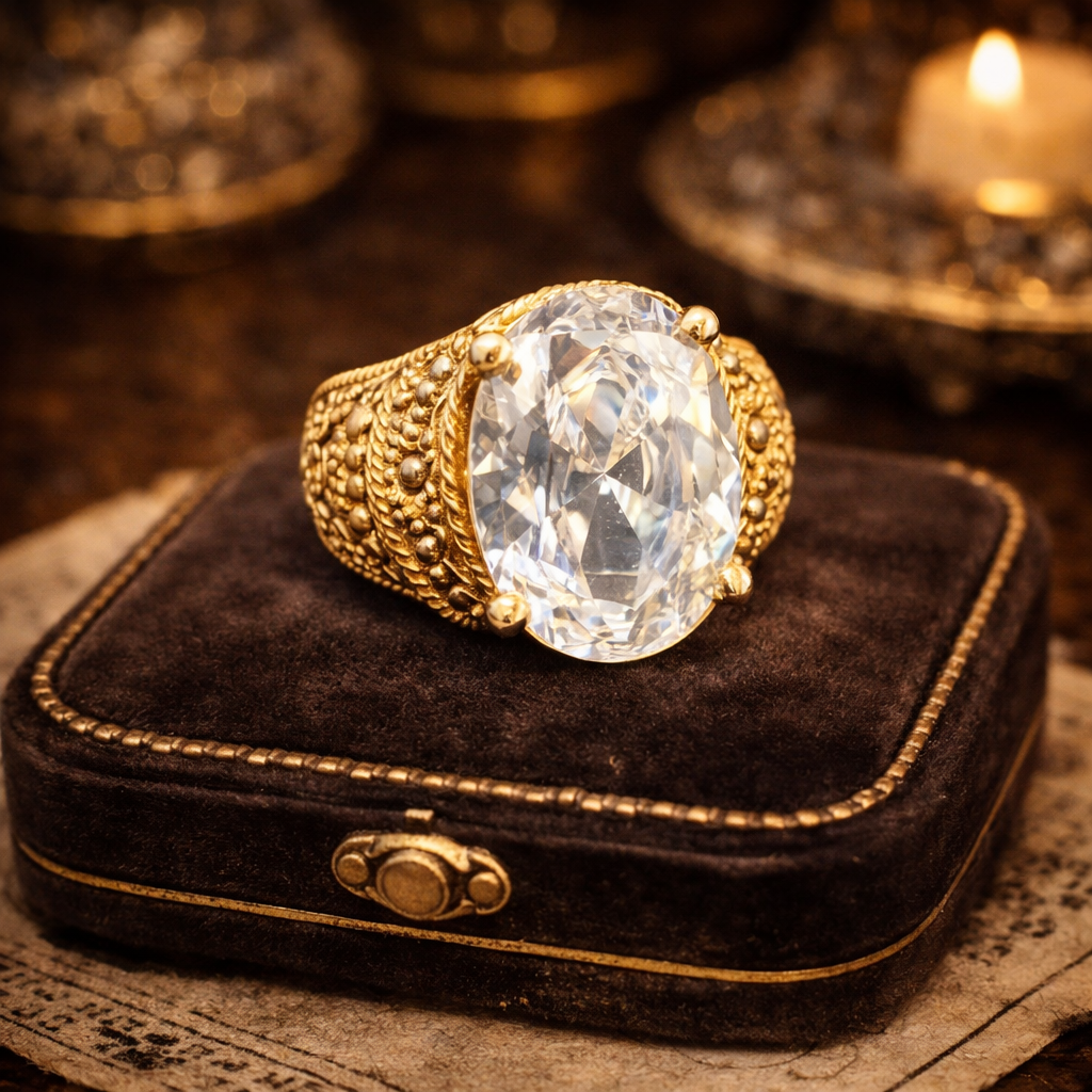 Gold Tone Filigree Oval CZ Statement Ring Vintage Cocktail Ring Size 8.5