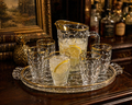 Jeannette Thumbprint Glass Beverage Set Gold Rim Pitcher Glasses Tray Vintage