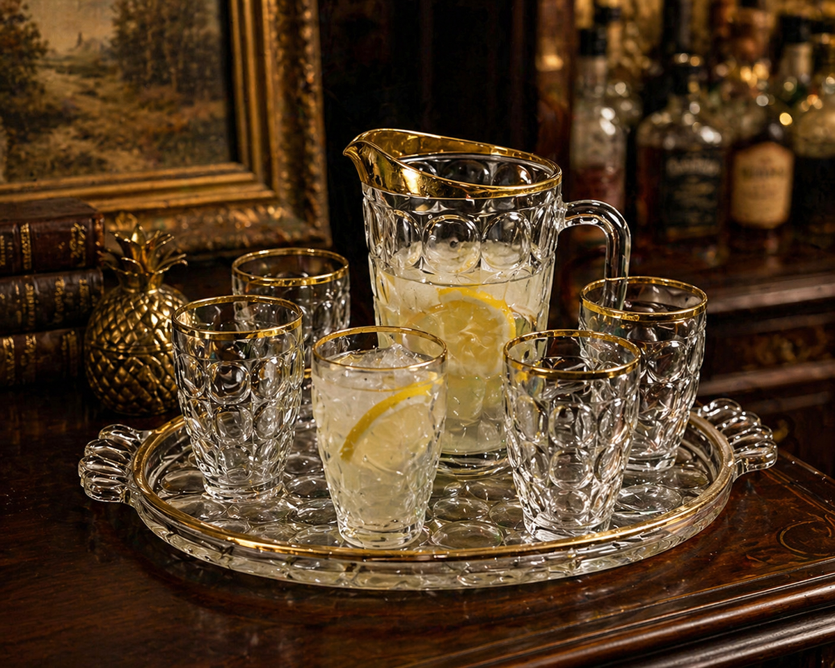 1940s–1950s Jeannette Thumbprint Glass Beverage Set Gold Rim Pitcher Glasses Tray