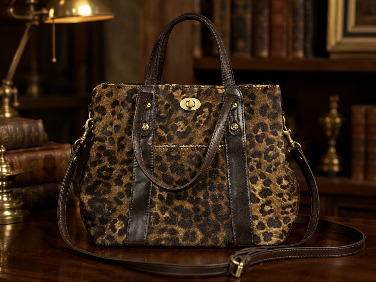 Leopard print satchel with dark brown leather trim, top handles and shoulder strap