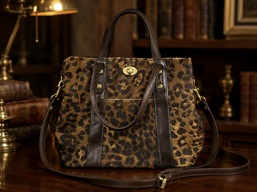 Leopard print satchel with dark brown leather trim, top handles and shoulder strap
