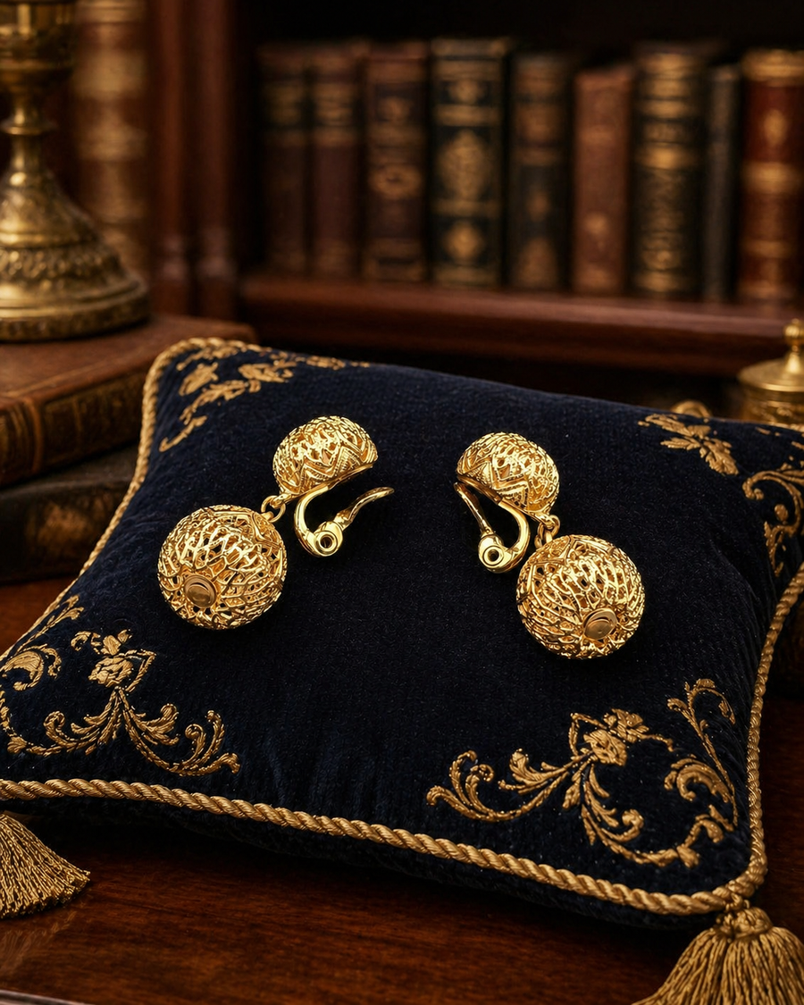 Signed Monet gold-tone rounded filigree clip earrings