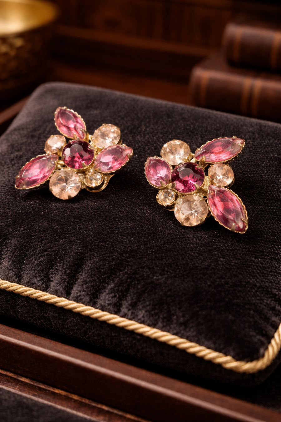 1950s–1960s Gold Tone Pink and Clear Crystal Floral Cluster Clip Earrings Marquise Rhinestone Statement Jewelry