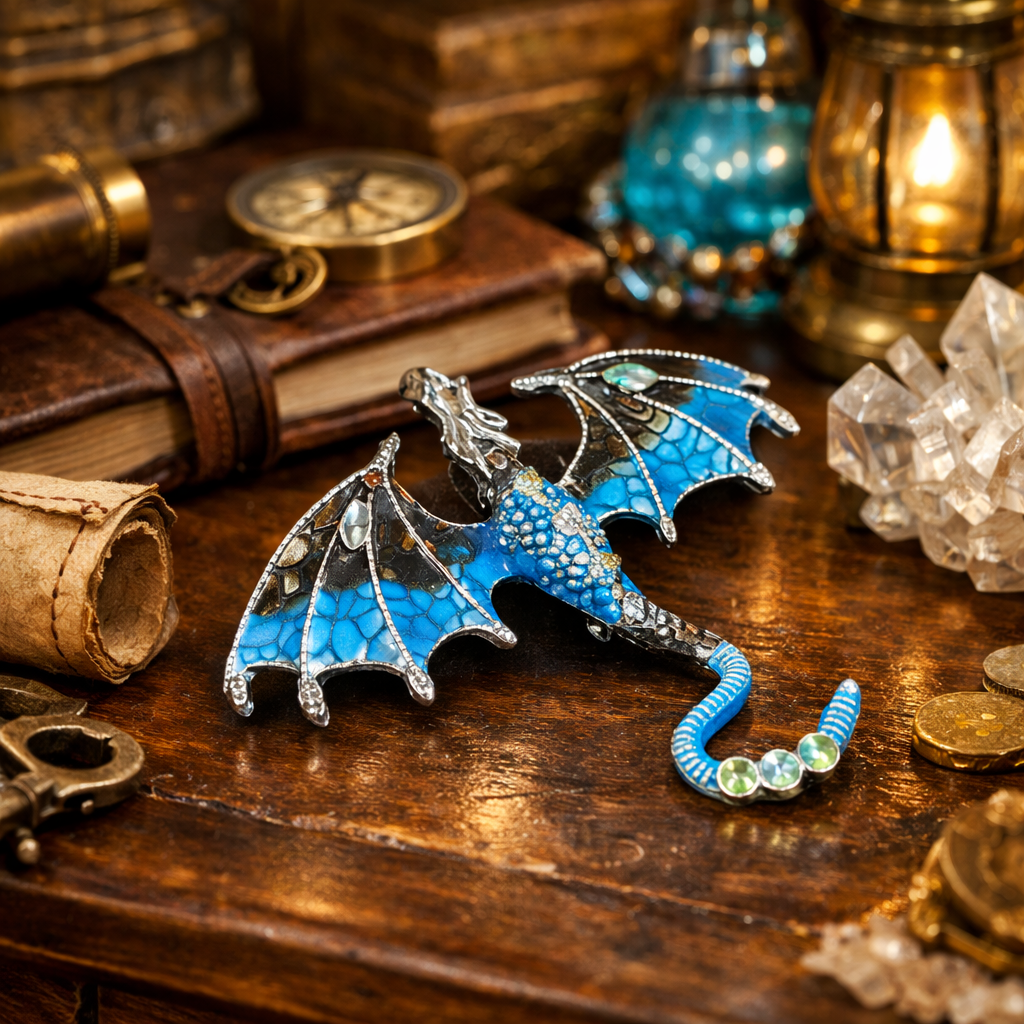 Silver-tone flying dragon brooch with blue enamel wings and rhinestone accents