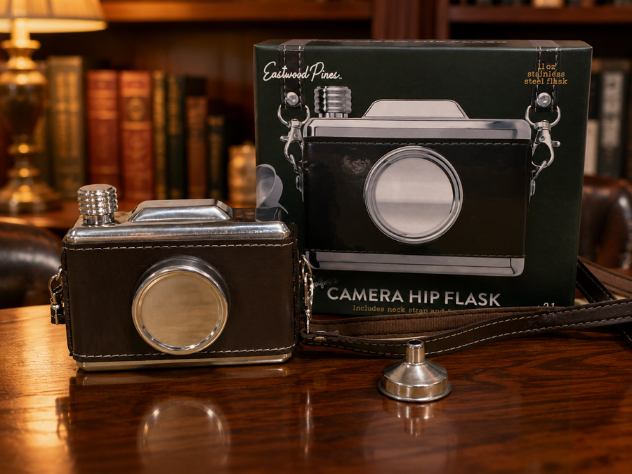 Brown and silver-tone camera-shaped stainless steel hip flask with strap, funnel and box