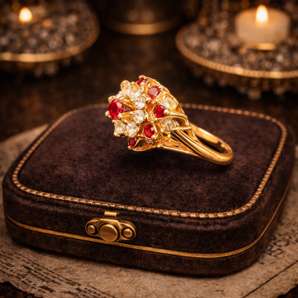 Vintage Style Gold Electroplate Ruby Red & Clear Crystal Floral Cocktail Ring – Size 6.75